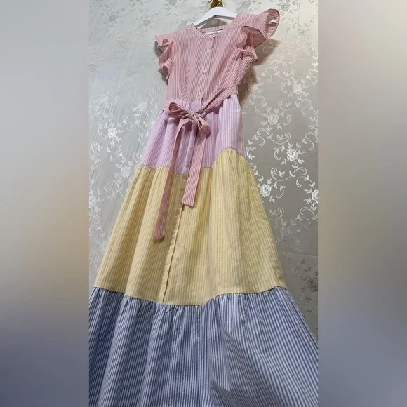 English Factory Sweet Heart Seersucker Colorblock Effie Ruffle Maxi Dress XS - Picture 5 of 10